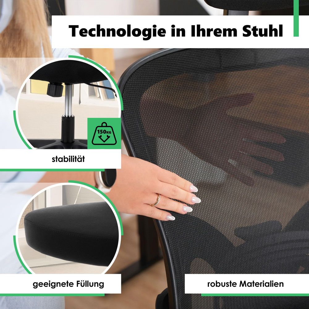 di volio Bürostuhl Praso, ergonomischer Schreibtischstuhl mit mehreren Einstelloptionen - Höhe, verstellbare Kopf- und Lordosenstütze, max. 150 kg