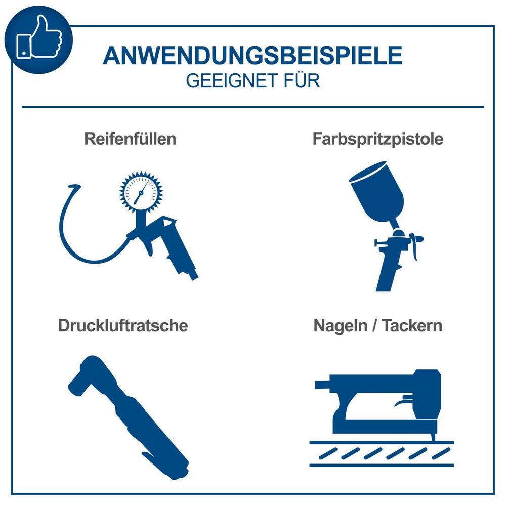 Das Bild zeigt die verschiedenen Anwendungsbeispiele wie Reifenfüllen, Farbspritzpistole, etc.