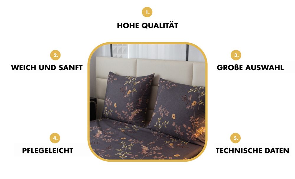 Bettwäsche - 155x200 cm - Bettbezug und Kissenbezügen Set - Goldene Blumen - Mikrofaser Baumwolle - 2 Kissenbezüge 70x80 cm