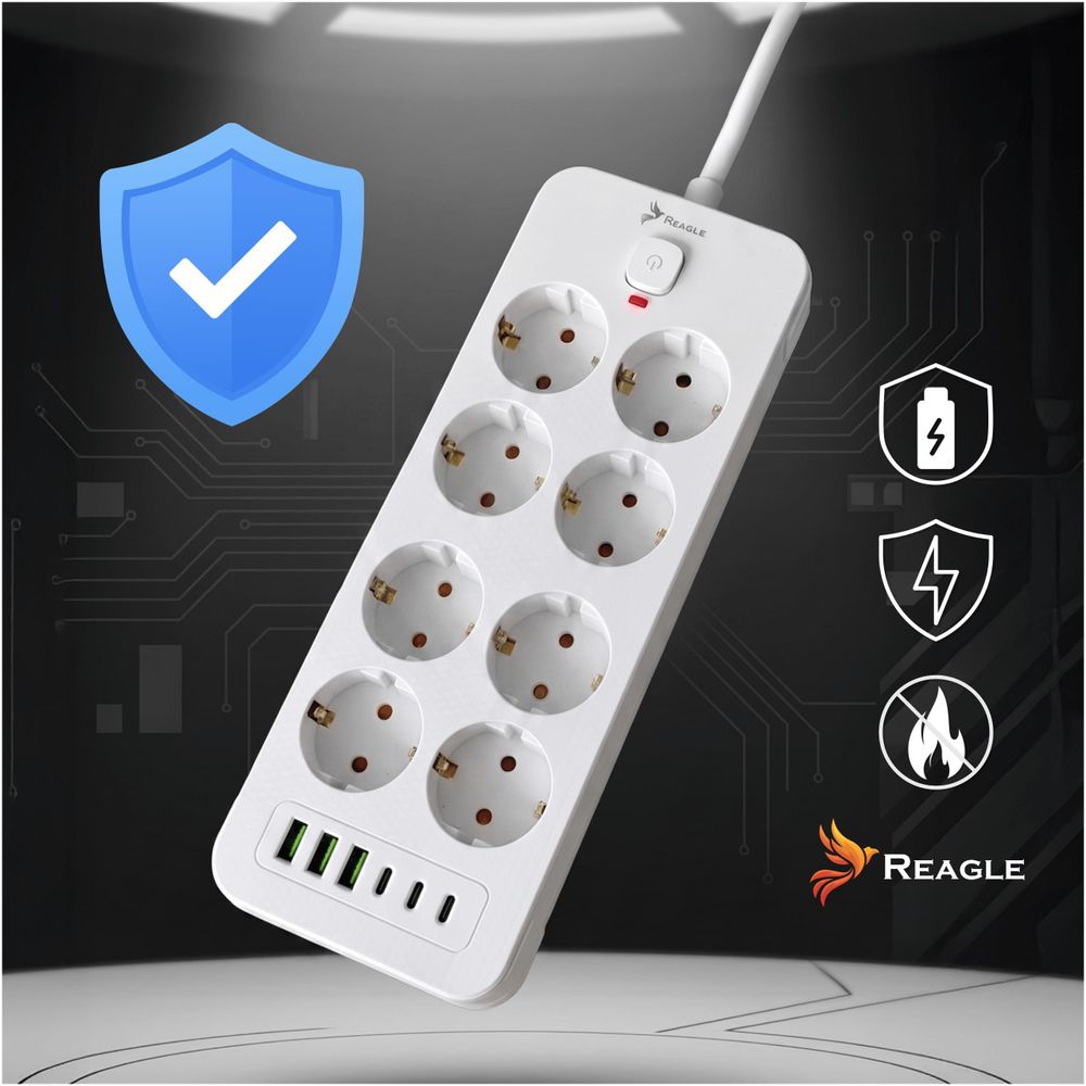 Reagle Steckdosenleiste 3m 8 Steckdosen 230V 6 USB Anschlüsse 3x USB A 3x USB C Power Strip mit Schalter Überspannungsschutz Weiß für Büro Heim