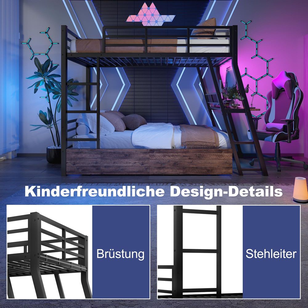 STILVORA Hochbett 90x200 mit Schreibtisch,Kinderbett mit Schubladen und LED-Leiste,Jugendbett mit Geländer und Treppe,Metallbett ohne Matratze