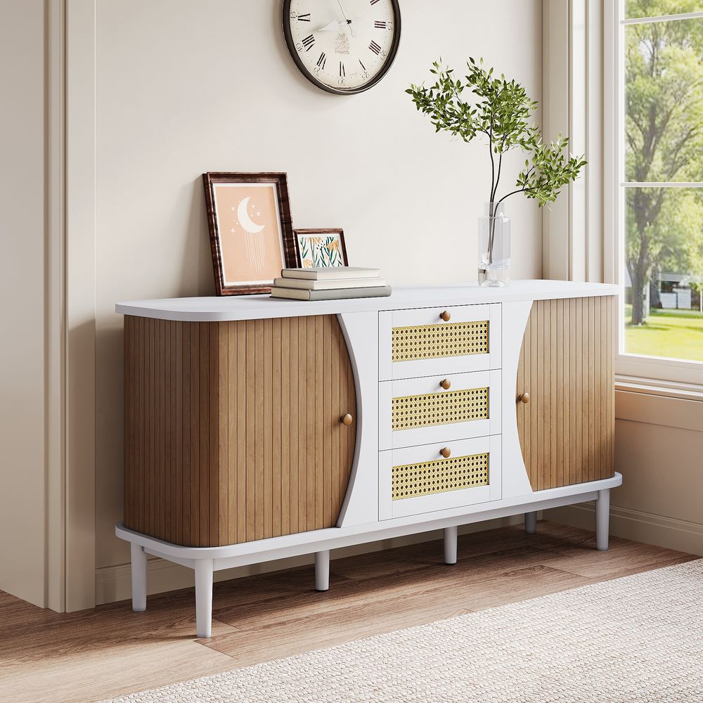 MERAX Sideboard Skandi mit 2 Schiebetüren und 3 Rattan-Schubladen, Rattanschrank Landhausstil Kommode mit Holzbeinen – Eiche Weiß/Walnuss