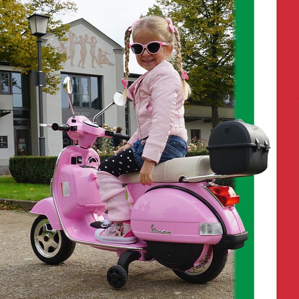 Kinder Elektro Roller Vespa | Mit Stützrädern - Scheinwerfer - Koffer zum Öffnen - Kinder Fahrzeug elektrisch - Hupe & Musik - Ab 3 Jahre (Pink)