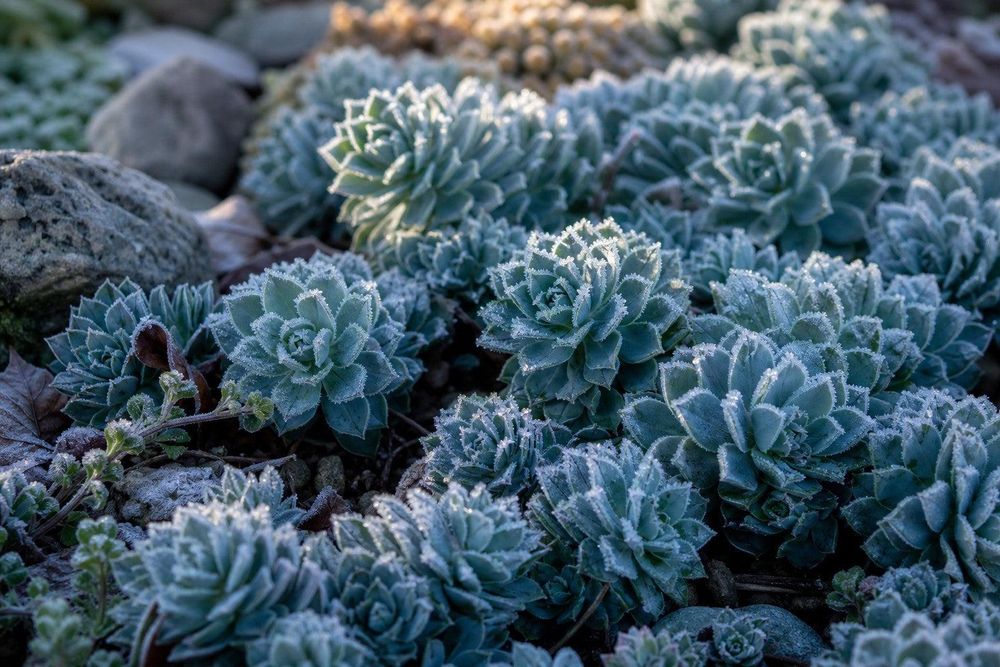 Winter-Makro: beschuppte Triebe mit Raureif-Kristallen, tiefstehende Sonne.