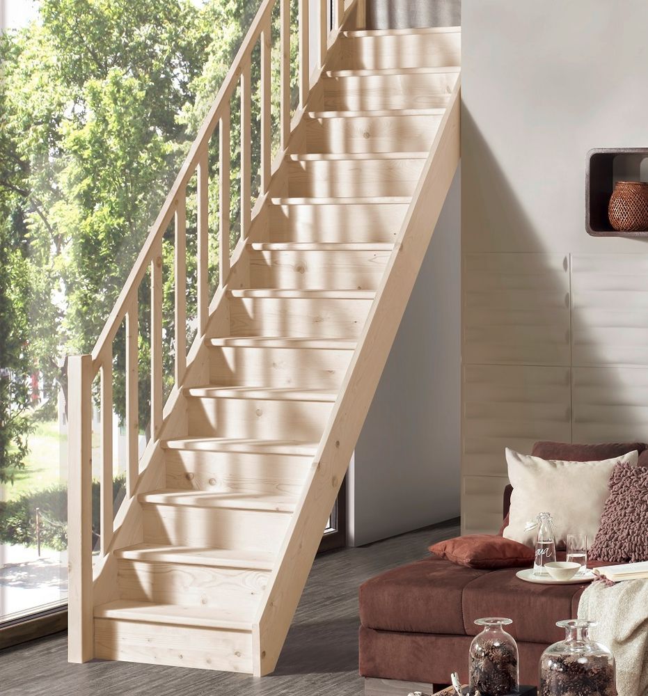 Holztreppe Intercon Casablanca | Fichte | gerader Verlauf | 60 cm Breite | einseitiges Geländer | mit Setzstufen