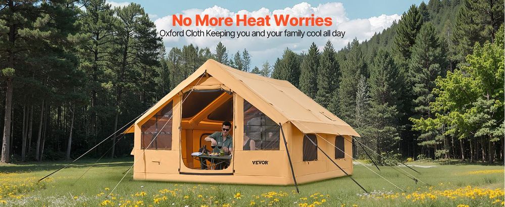 VEVOR Aufblasbares Campingzelt, 4 x 3 x 2,2 m, Luxus-Campingzelt mit 2 Oberlichtern, Baldachin, Herdanschluss, 2 Türen, Netzfenstern und Aufbewahrungstasche