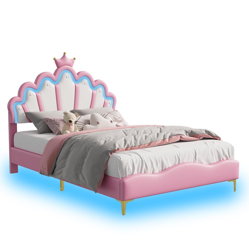 INONEFT Kinderbett Polsterbett 140x200 cm, Mädchenbett Prinzessinnenbett mit LED, Höhenverstellbares Kopfteil, Jugendbett Kronen-Design, PolyurethanRosa