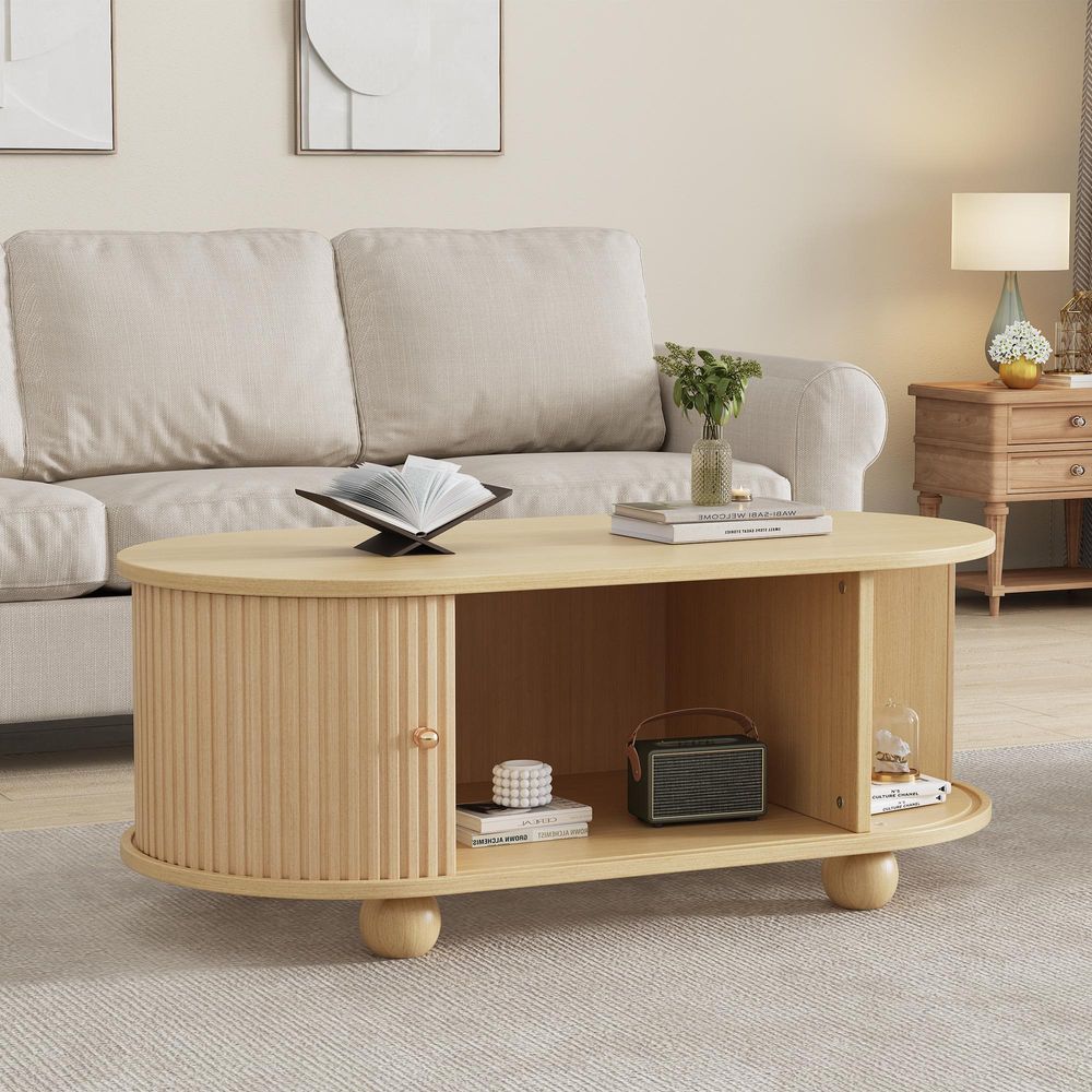 Merax Couchtisch 100x50x40 cm mit Rollschiebetüren, Wohnzimmertisch Bauhaus-Design mit Stauraum, MDF Holzoptik, modern & minimalistisch