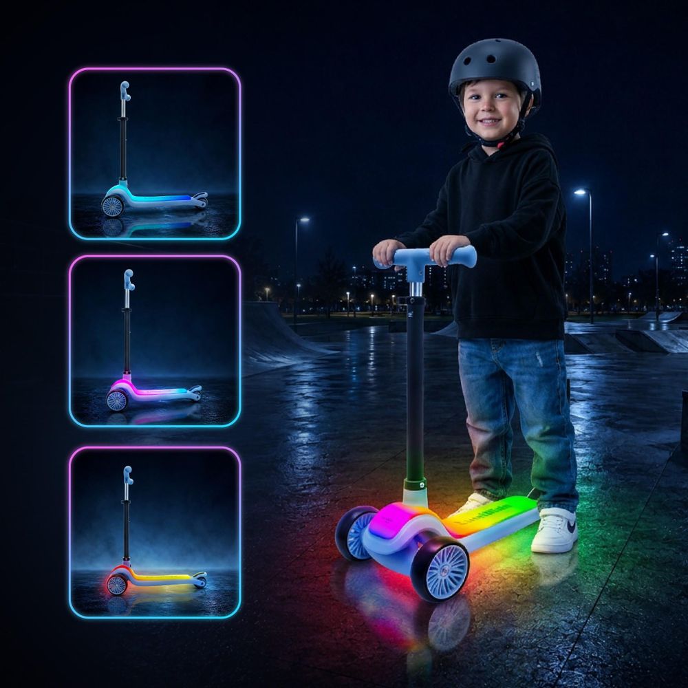Bambino che usa il monopattino SUN BABY LUMI RIDE illuminato di notte.