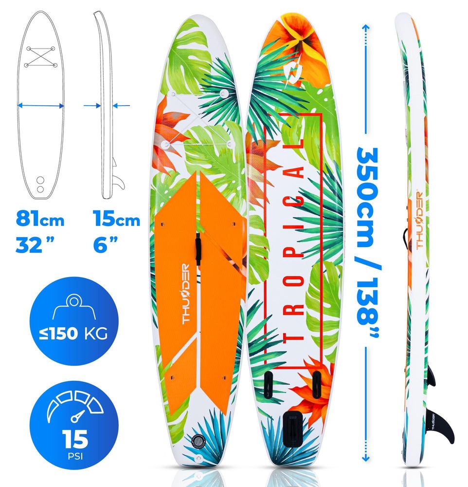 THUNDER Tropi-Light Stand Up Paddle Board 350x81x15cm Vert Orange Blanc jusqu'à 150 kg