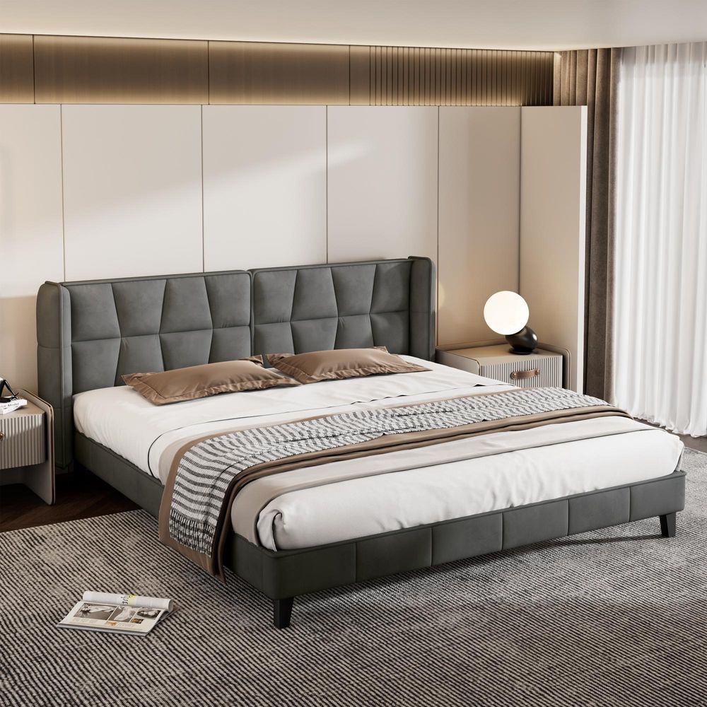 STILVORA Polsterbett 180x200cm Jugendbett mit Lattenrost und Kopfteil,Doppelbett mit Holzlattenunterstützung,Grau（ohne Matratze）
