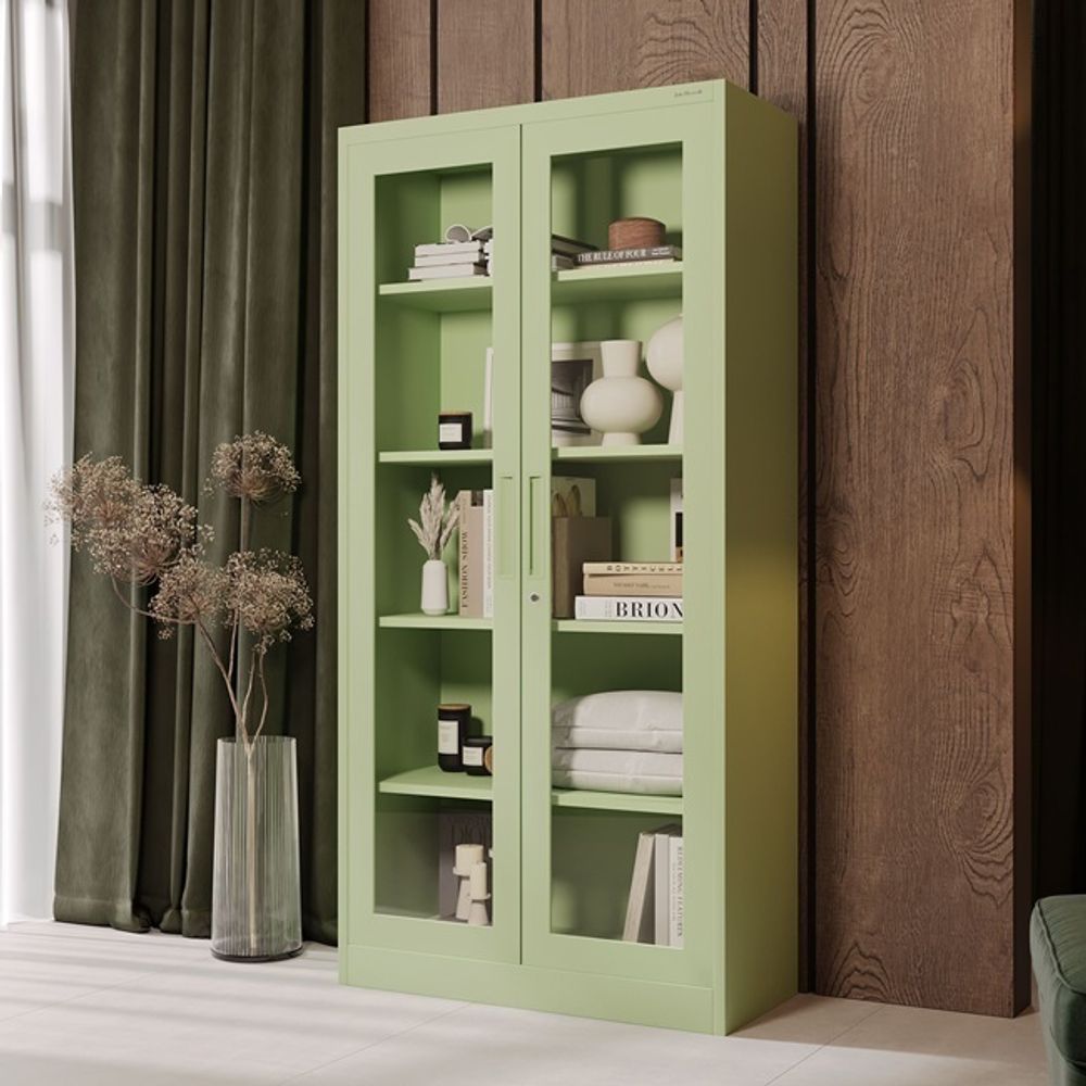 Jan Nowak Aktenschrank Medizinschrank Büroschrank Flügeltürschrank Glasvitrine 4 Fachböden Stahl Abschließbar 185 x 90 x 40 cm Farbe: Pastellgrün
