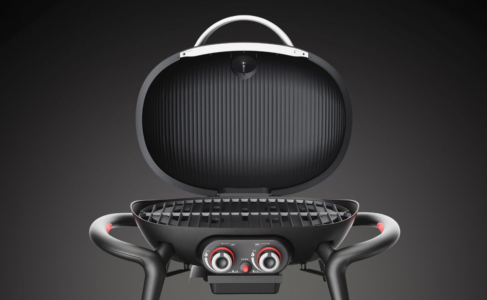 Das Bild zeigt einen schwarzen Tischgrill mit 2 Drehreglern, Griffen und einem Thermometer.