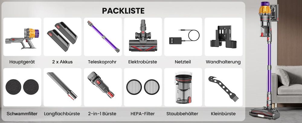 85000Pa Akku Hand Stielstaubsauger 750W/80mins handstaubsauge,Ultraleiser Staubsauger Kabellos SmartDisplay Leichter Antiverwicklung,Akku Staubsauger