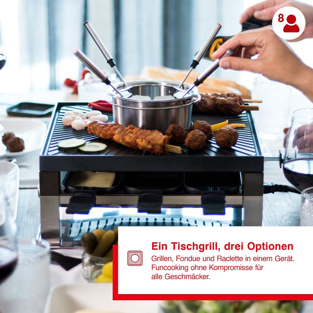 Solis Solis Combi Grill 3 in Set - 8 Personen - Raclette und Fondue Set - Silber/Schwarz