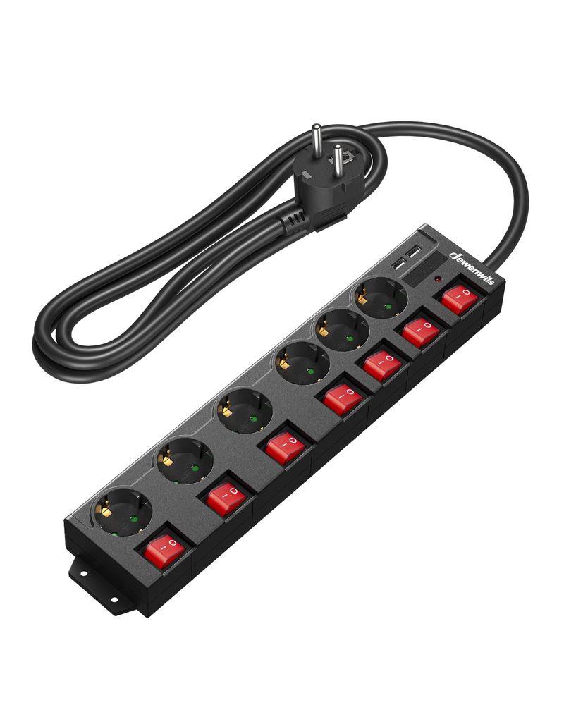 DEWENWILS 2M Steckdosenleiste mit 2 USB, 6 Fach Mehrfachsteckdose mit Schalter, Schwarz