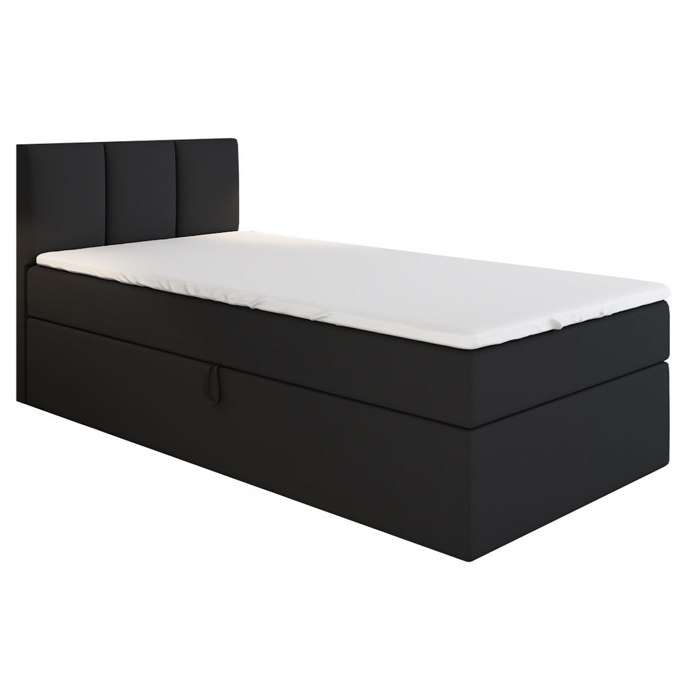 Boxspringbett, Jugendbett NASI 90x200 (Rechts) mit Bettkästen, Bonell-Matratze und Topper. Farbe:  Schwarz.