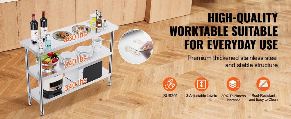 VEVOR Edelstahl Vorbereitungs Tisch, 24 x 24 x 34 Zoll, Schwerlast Metall Arbeitstisch mit 3 verstellbaren Höhenstufen, Gewerbliche Arbeitsstation für Küche Garage Restaurant Garten, 356x1219x864 mm