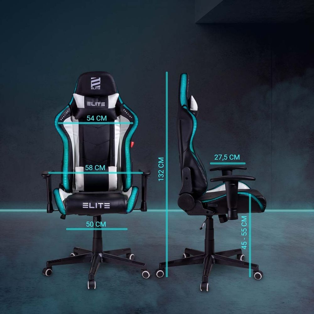 Elite Gaming Stuhl | Ergonomischer Bürostuhl - Schreibtischstuhl - PC Gamer Racing Stuhl - Gaming-Stuhl - Gamer Sessel - Kopfstütze (Schwarz/Weiß)