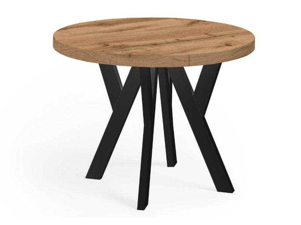 Runder Ausziehbarer Tisch für Esszimmer, PERO, Loft-Stil, Skandinavische, Durchmesser: 110 / 210 cm, Farbe: Eiche Wotan / Schwarz