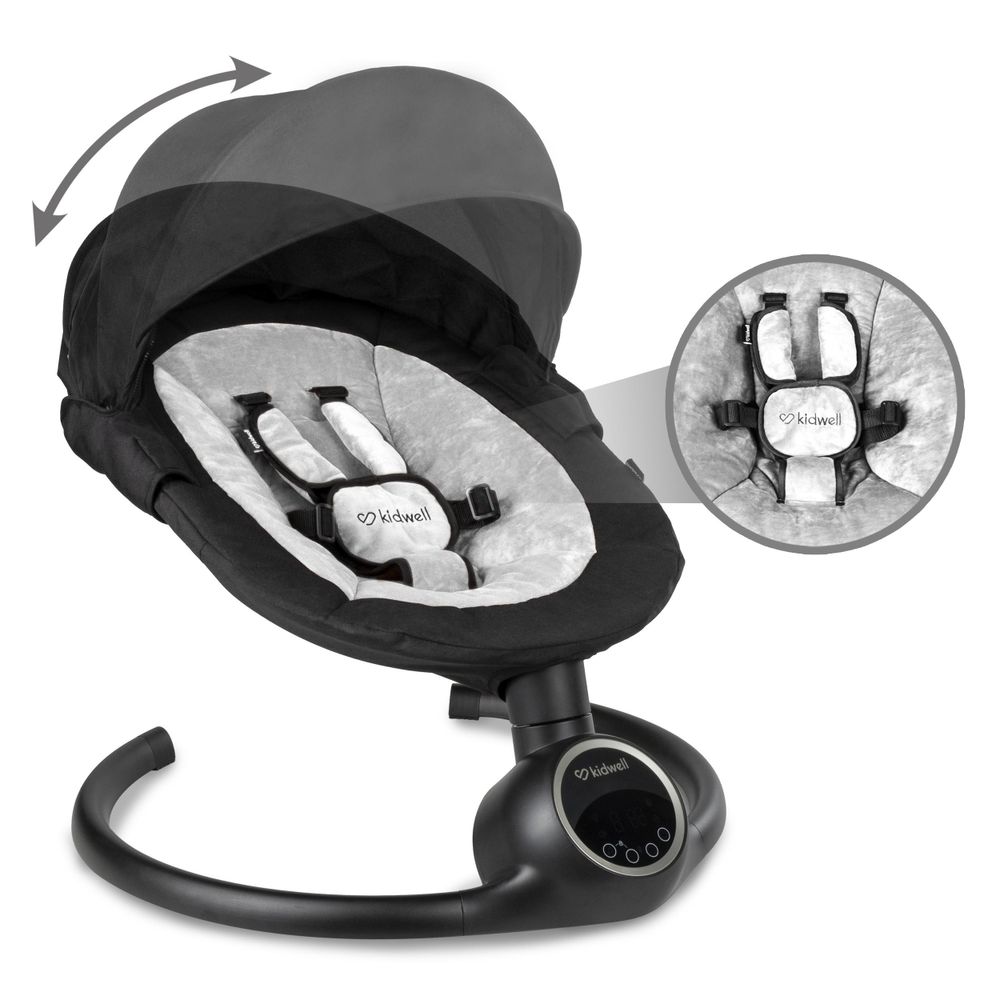 Kidwell REVE Elektrische Babywippe & Babyschaukel – Schaukel mit App-Steuerung, Bluetooth, Timer, Spielbogen & Moskitonetz (Black/Silver)