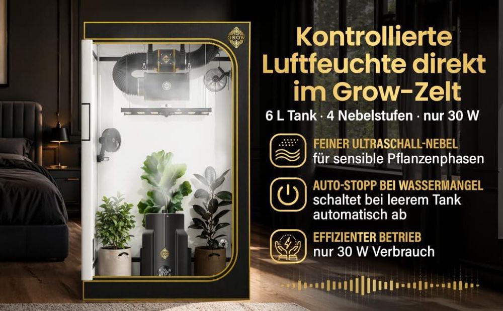THE GROW Nebel PRO mit 6-Liter-Tank im Growzelt; 30 W und vier Nebelstufen.