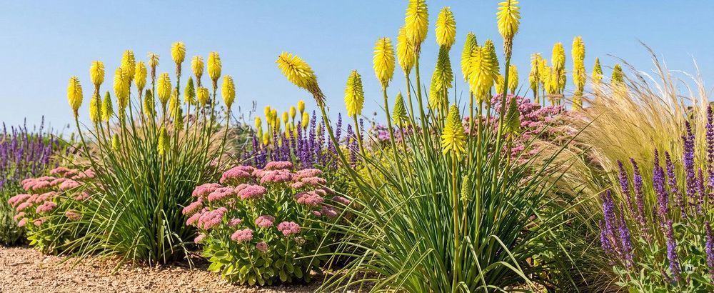 Kniphofia 'Lemon Popsicle' im sonnigen Staudenbeet