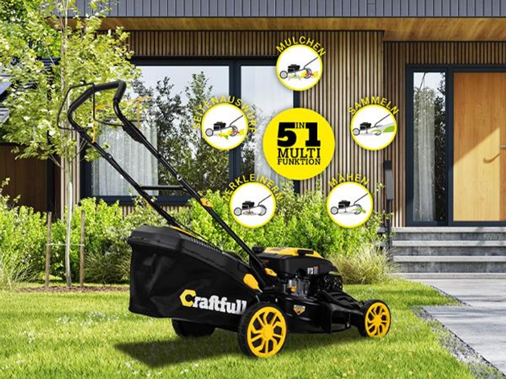 Craftfull Premium Benzin-Rasenmäher CR-196-30 | Selbstfahrantrieb - 53 cm Schnittbreite - 4 in 1 - Mähen - Mulchen - Heck- & Seitenauswurf - klappbar