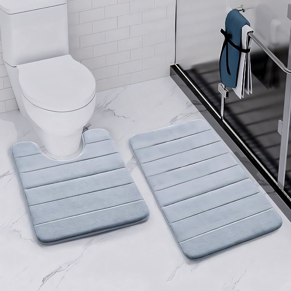 Badteppich Set 2-tlg, Waschbar rutschfest Badematten-Set, Badvorleger und WC, Teppich für Badezimmer, Grau Retoo