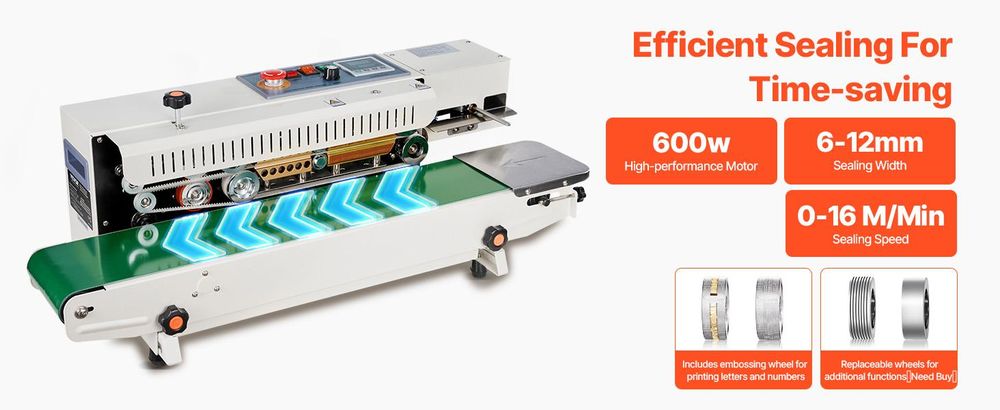 VEVOR Kontinuierliche Beutelbandversiegelungsmaschine, 0,24-0,47 Zoll/6-12 mm Versiegelungsbreite, Horizontale Bandversiegelungsmaschine mit digitaler Temperaturregelung, Beutelversiegeler für 0,02-0,8 mm Plastiktüten, Inflationsfunktion, Kein Zähler, Mit Inflationsfunktion