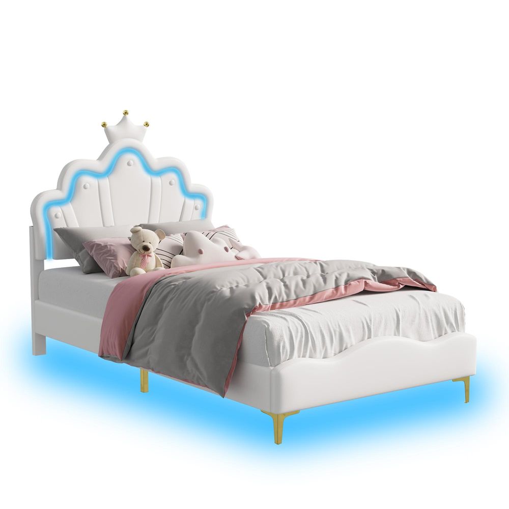 Fortuna Lai Polsterbett 90x200cm, Doppelbett Kinderbett mit kronenförmiges Kopfteil, Jugendbett Holzbett mit Lattenrost, PU, Weiß