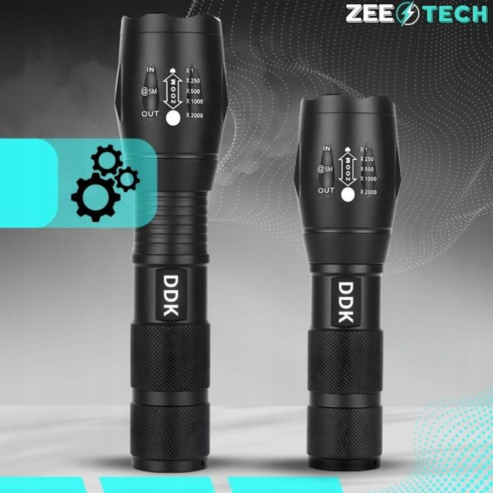 Starke Taschenlampe, Reichweite 800 m, LED mit Zoom, militärisch, wasserdicht, akkubetrieben