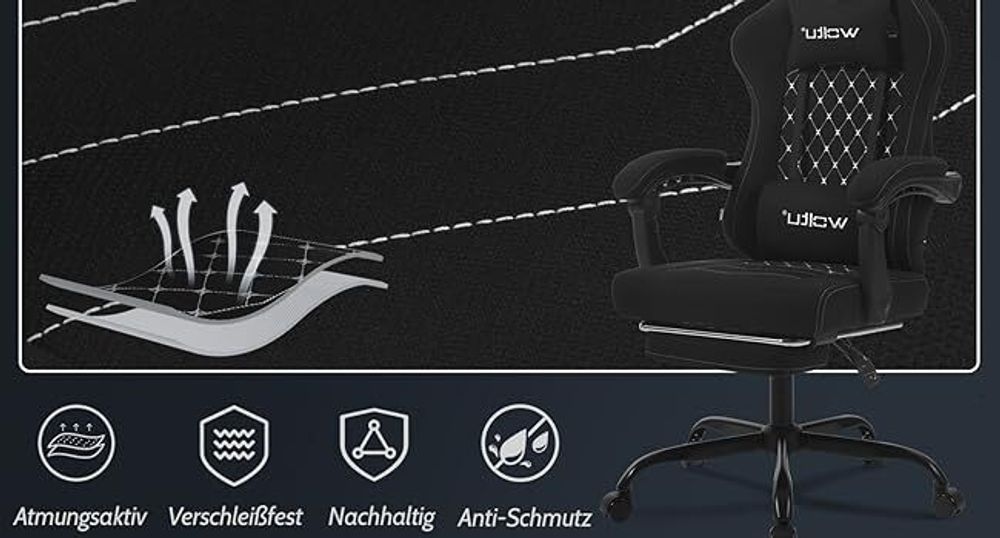 WOLTU Gaming Stuhl mit Massagefunktion, Taschenfederkissen, ergonomisch, Netzstoff, Schwarz