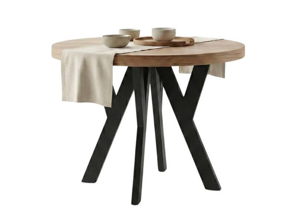 Runder Ausziehbarer Tisch für Esszimmer, PERO, Loft-Stil, Skandinavische, Durchmesser: 90 / 140 cm, Farbe: Eiche Sonoma / Schwarz