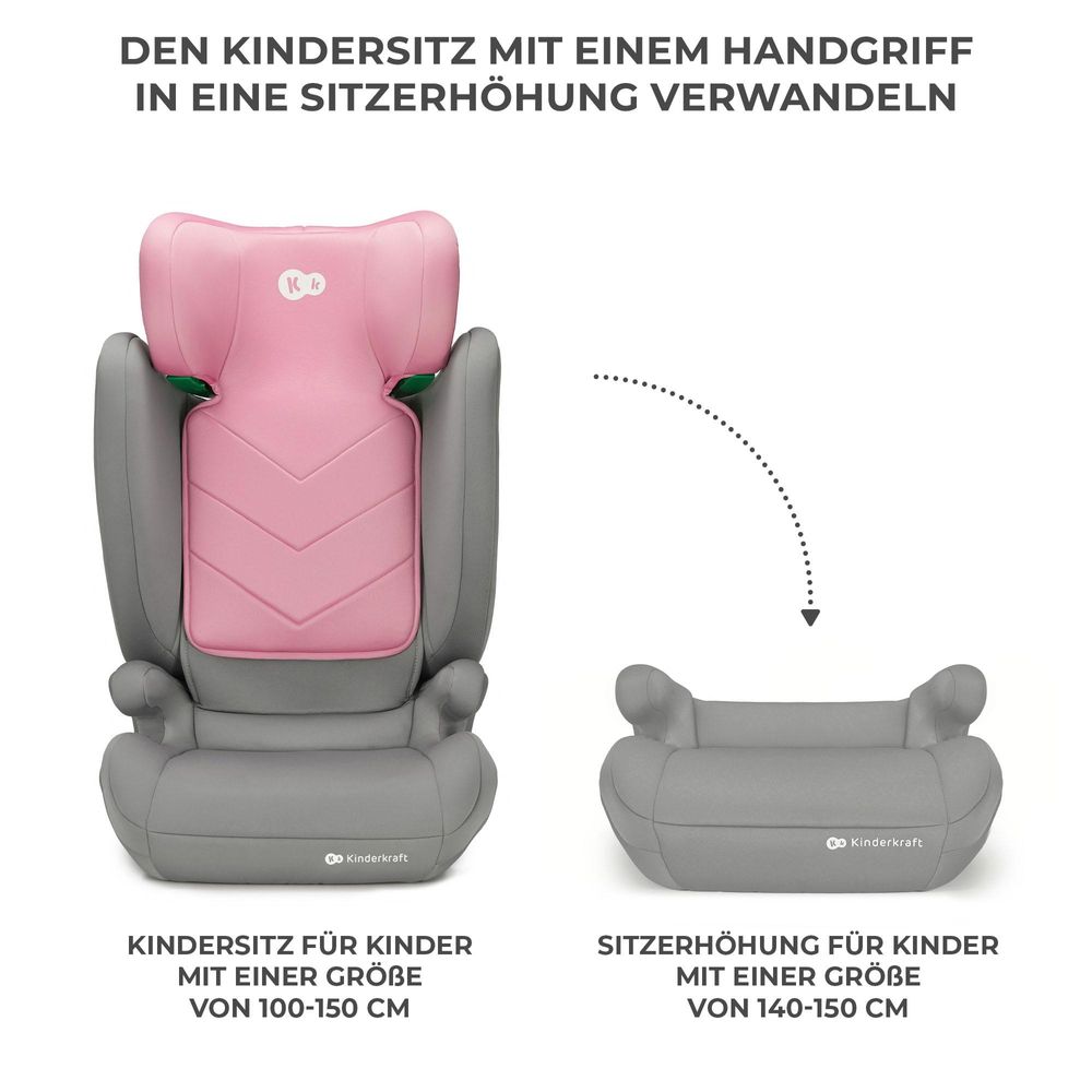 Kinderkraft I-SPARK 2in1 Kindersitz 100-150 cm (3,5-12 Jahre) - i-Size Standard - Leicht - H-GUARD Kopfstütze - SPS Seitenaufprallschutz - Rosa