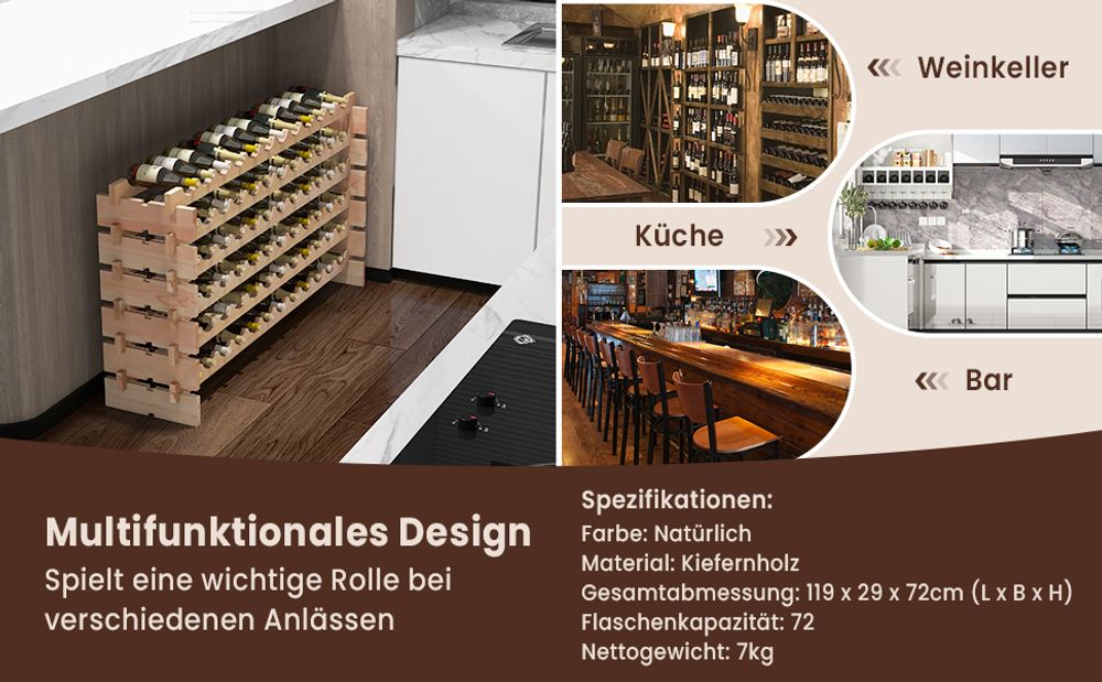 COSTWAY Weinregal Weinständer Flaschenregal Flaschenständer für 72 Flaschen Massivholz