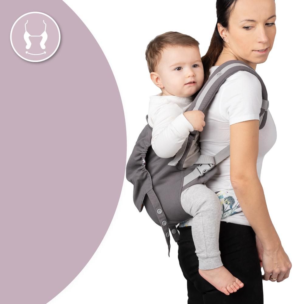 MoMi COLLET – Ergonomische & physiologische Babytrage, verstellbar für vorne & hinten, mit Kapuze & Tasche – Blumenmuster
