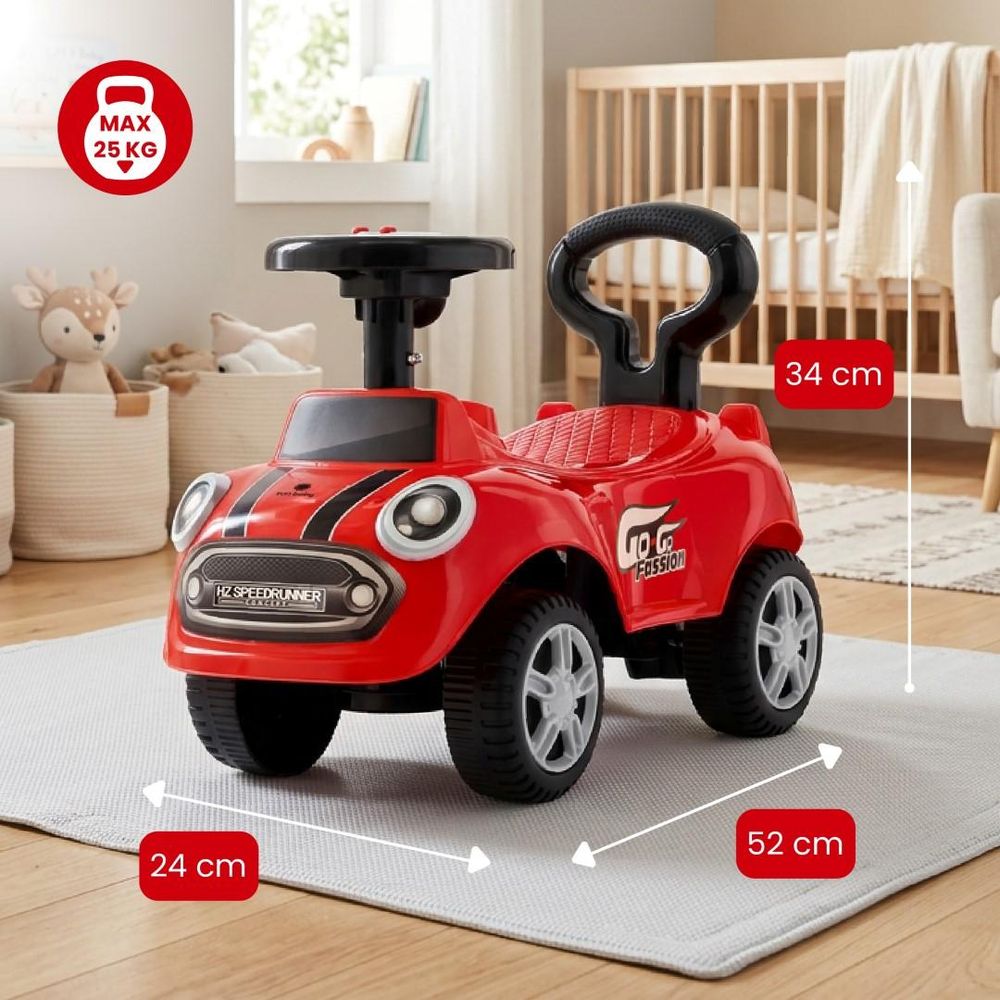 Porteur SUN BABY rouge avec mesures et indication de la charge maximale de 25 kg.