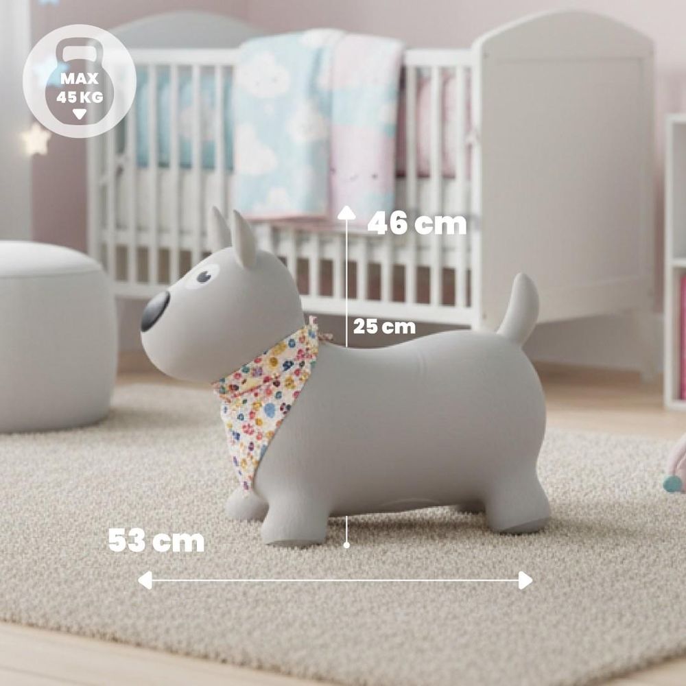 Animal sauteur chien gris avec mesures et indication de charge maximale.