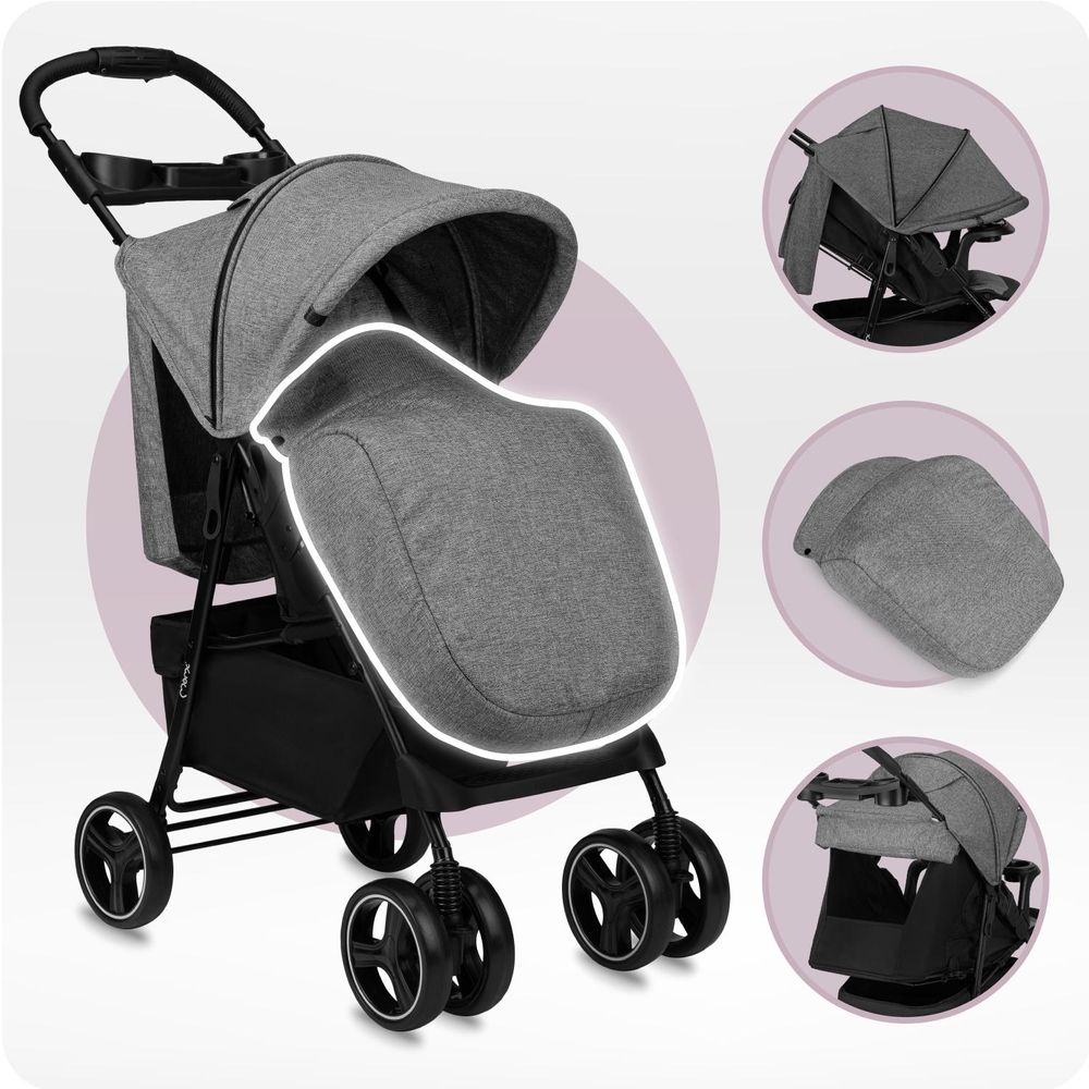 MoMi ISLA – Ultraleichter Baby Kompaktbuggy ab Geburt, verstellbar mit Sonnenverdeck, inkl. Organizer, Fußsack & Tasche, ideal für Reisen – Grau