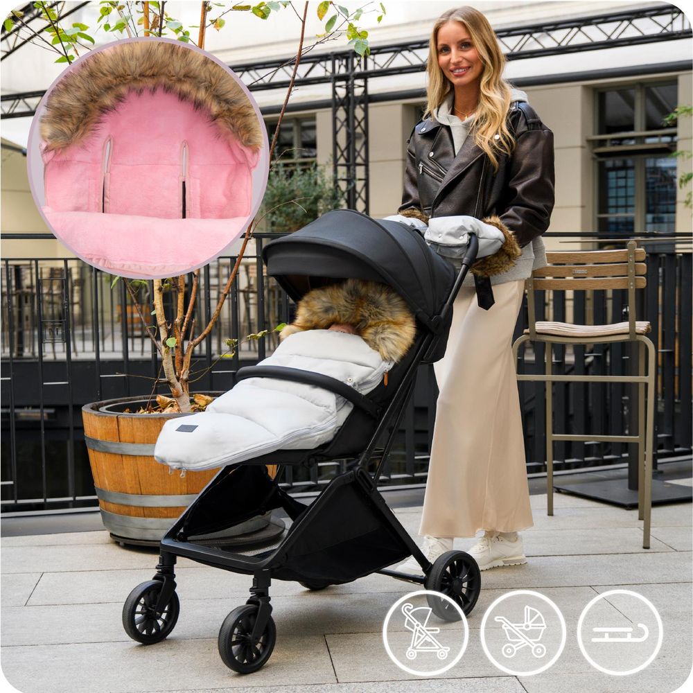 MoMi COZY – Universal-Fußsack für Kinderwagen, Fleece-Innenfutter, beidseitiger Reißverschluss & Kapuze mit Ohren – Rosa