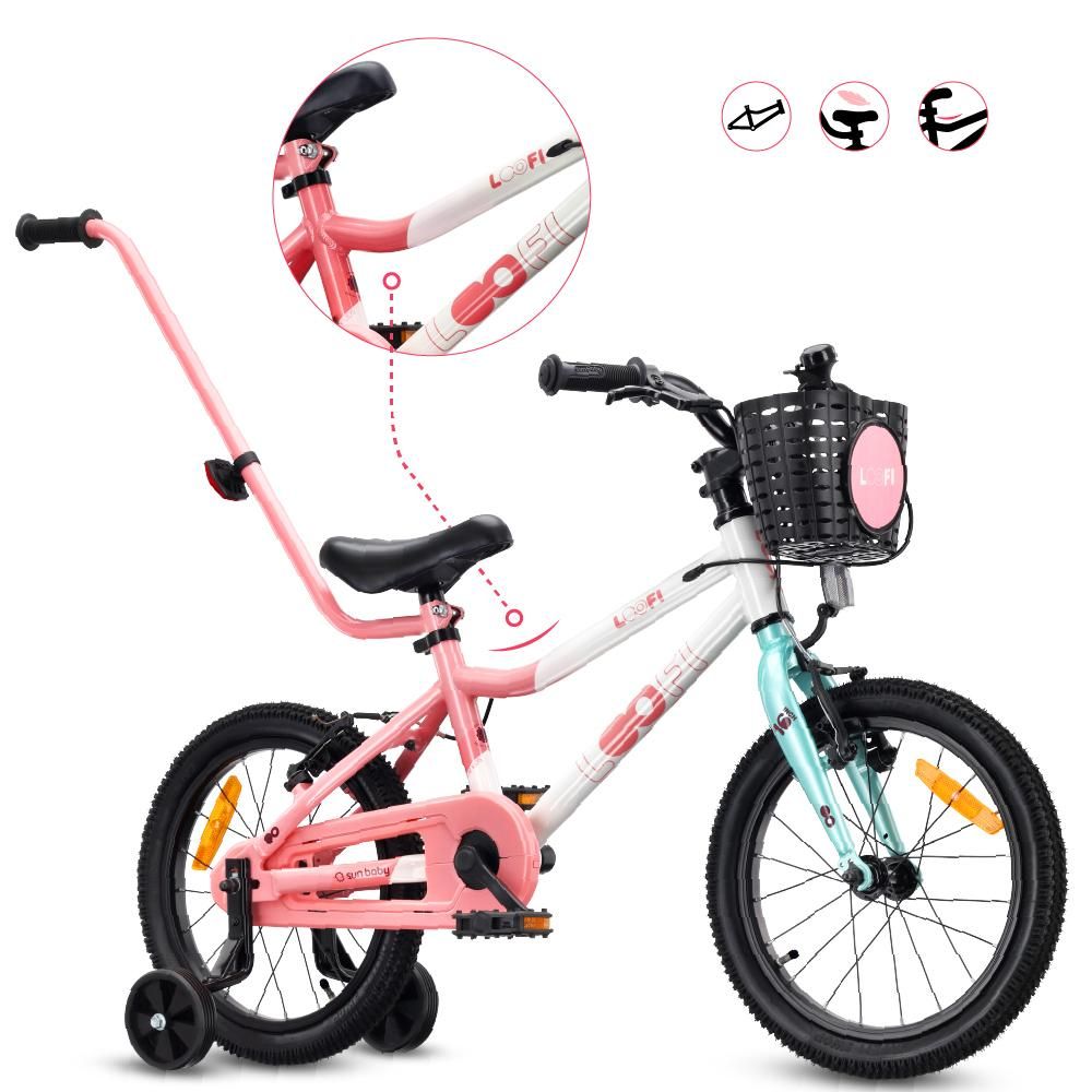 SUN BABY LOOFI Kinderfahrrad 16 Zoll, leichtes Aluminium Fahrrad 6,9 kg für Kinder ab 4 Jahre, mit Stützrädern, Korb, Klingel, Mädchen