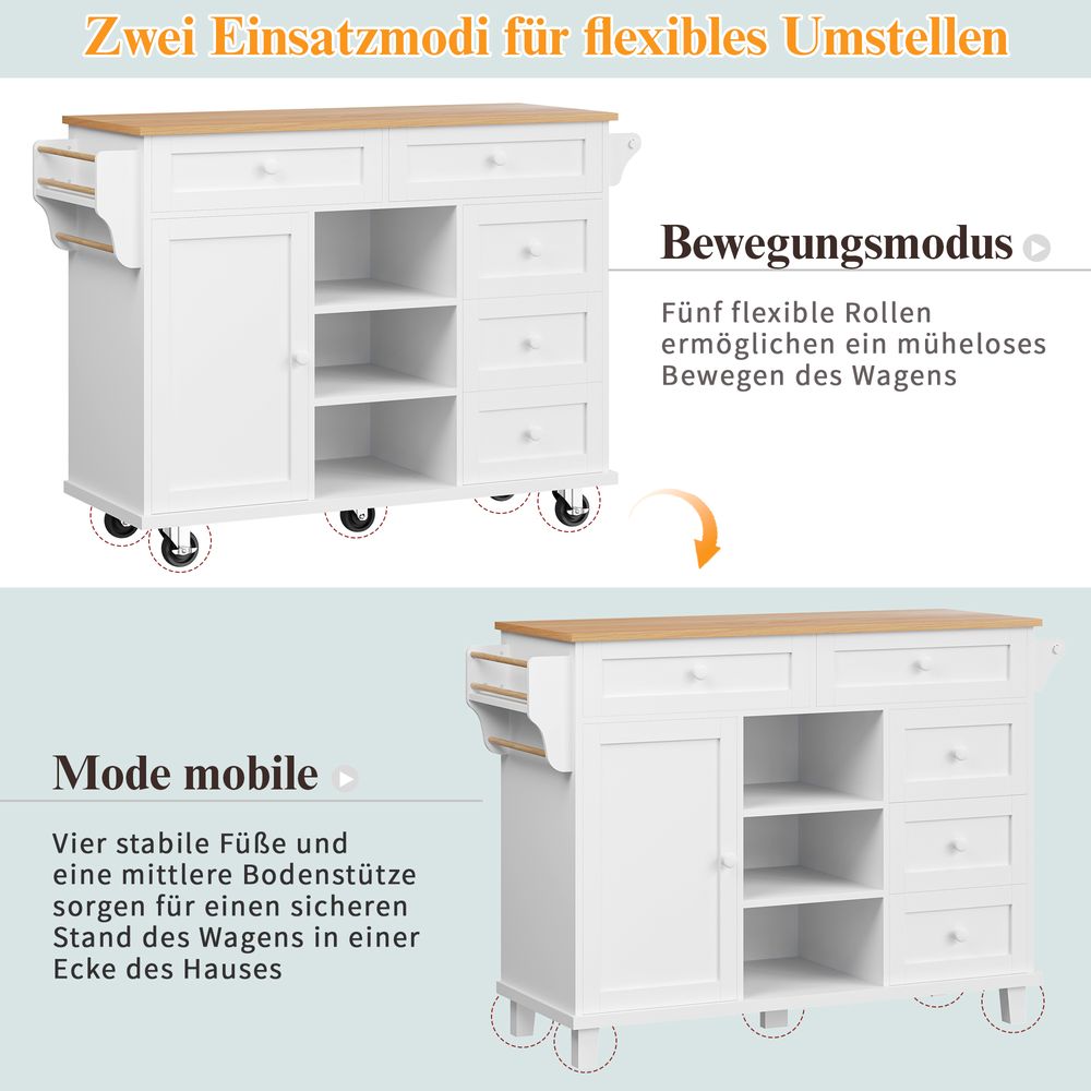 Flieks Servierwagen Küchenwagen mit Rollen & Holzbeinen, Kücheninsel Küchentrolley mit Verstellbaren Regalen, Küchenschrank Speisewagen, Weiß