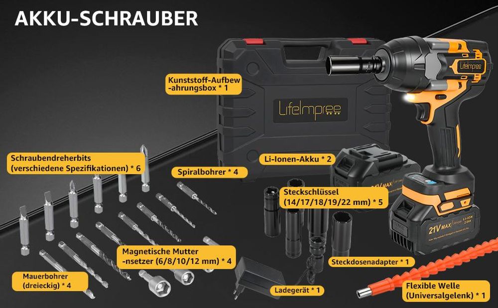 LifeImpree Akku-Schlagschrauber 1000 Nm, Bürstenlos, 3-Gang & AutoStop, inkl. Doppelakku, LED-Anzeige und Transportbox, Gelb