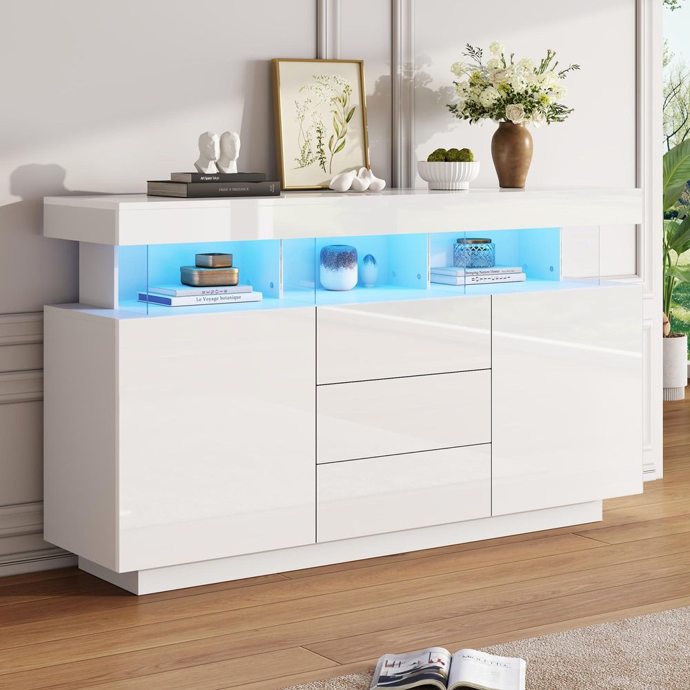Merax Sideboard Hochglanz Weiß mit LED, Mehrzweckschrank aus Spanplatte und Acryl, Kommode 140x35x80 cm mit 3 Schubladen und 2 Türen, Schrank Vitrine