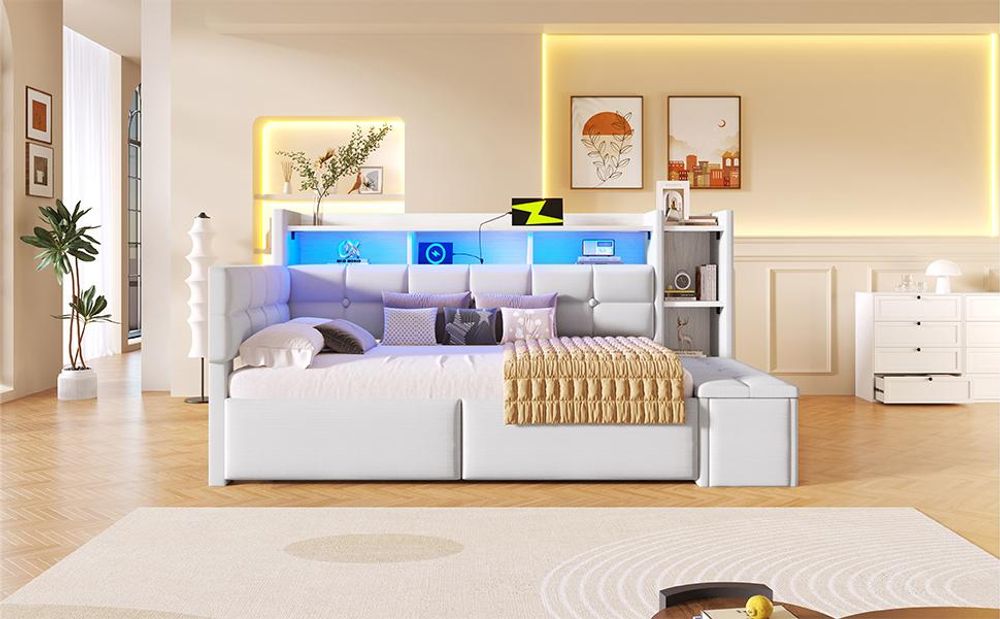 Merax Tagesbett Daybett 90x190cm, Schlafsofa mit 2 Schubladen, USB & Typ-C, LED Lichtleiste, Regal, Stauraumbank, Polsterbett, Kinderbett, Samt, Weiß