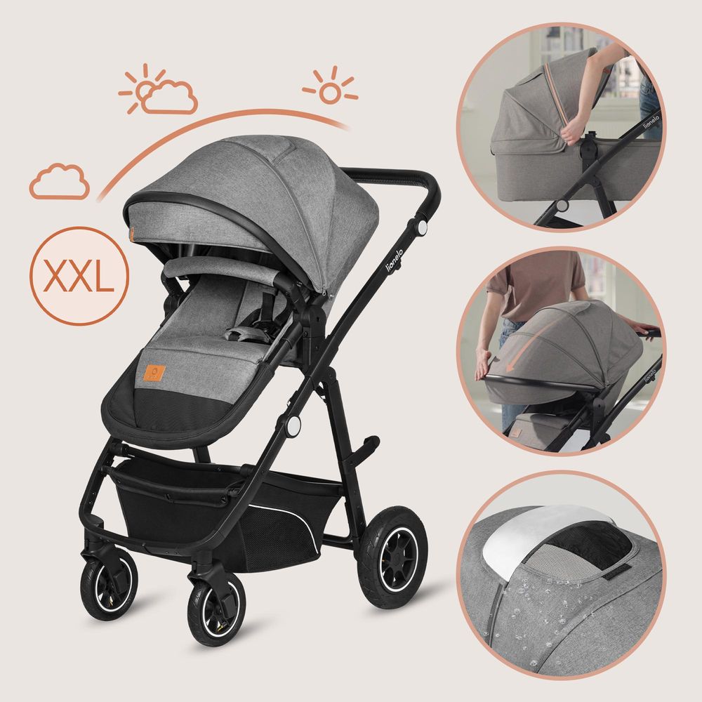 Lionelo Bianka 3in1 Kinderwagen, Autotransporter, Autositz, klappbar, Travel System Rückenlehne verstellbar 360o Räder Polsterung, Verdeck XXL-Grau
