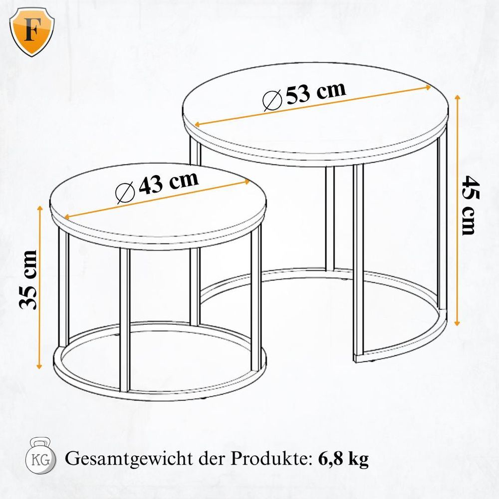 FORTENA Couchtisch Set 2er Rund, Eiche Optik/Schwarz, Metall