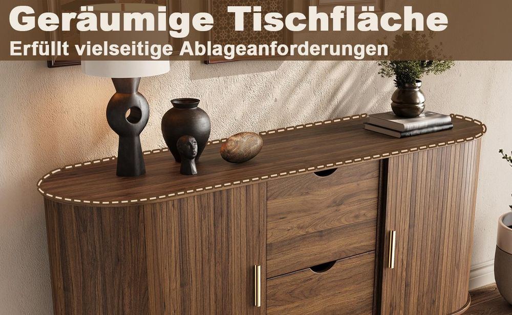 okwish Sideboard mit zwei Schiebetüren und Metall-Türgriffen, Kommode mit zwei Schubladen,abgerundetes Design,Massivholzbeinen,Nussbaum