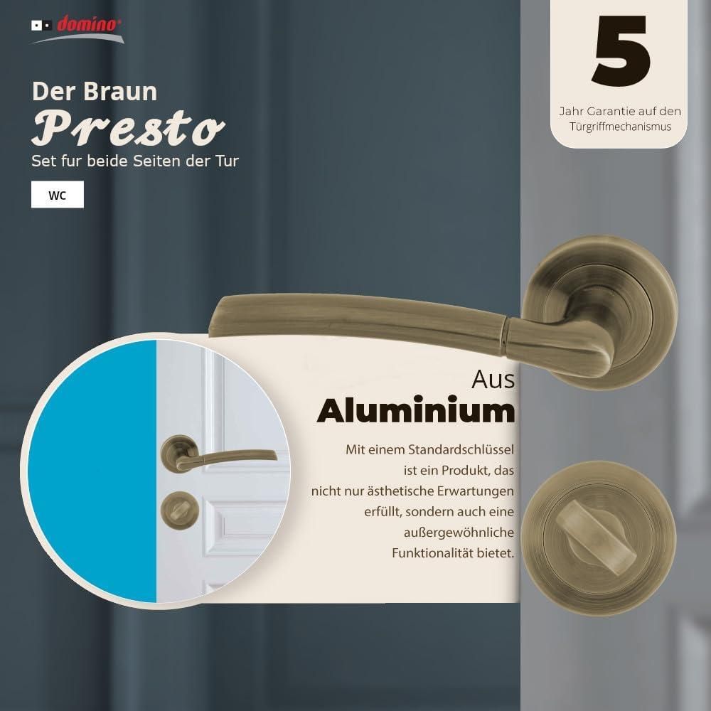 DOMINO Türgriff Drückergarnitur WC - Badezimmer Set | Rund-Rosette | Türbeschlag für Badezimmertüren | Set WC - Rosetten-Garnitur | Türklinke aus Aluminium | Bronze Türdrückergarnitur | PRESTO-R M3